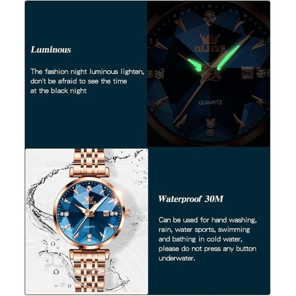 Women Blue Dial Rose Gold Stainless Steel Band Quartz Small Face Watch main image 5